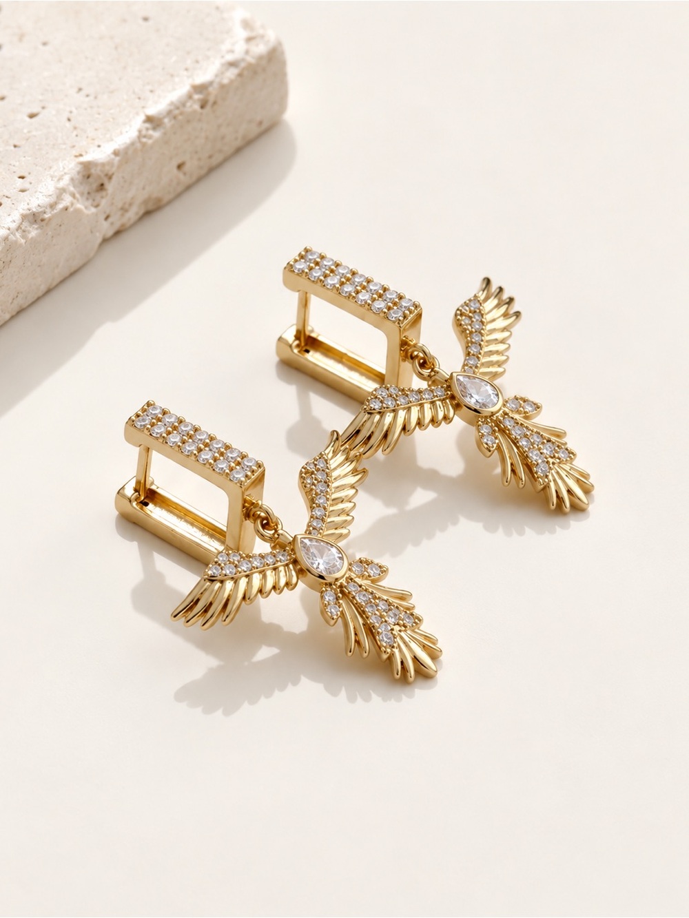 14K Gold Plated Phoenix Wing Huggie Hoop Dangle Earrings with CZ Stones | Trendy
